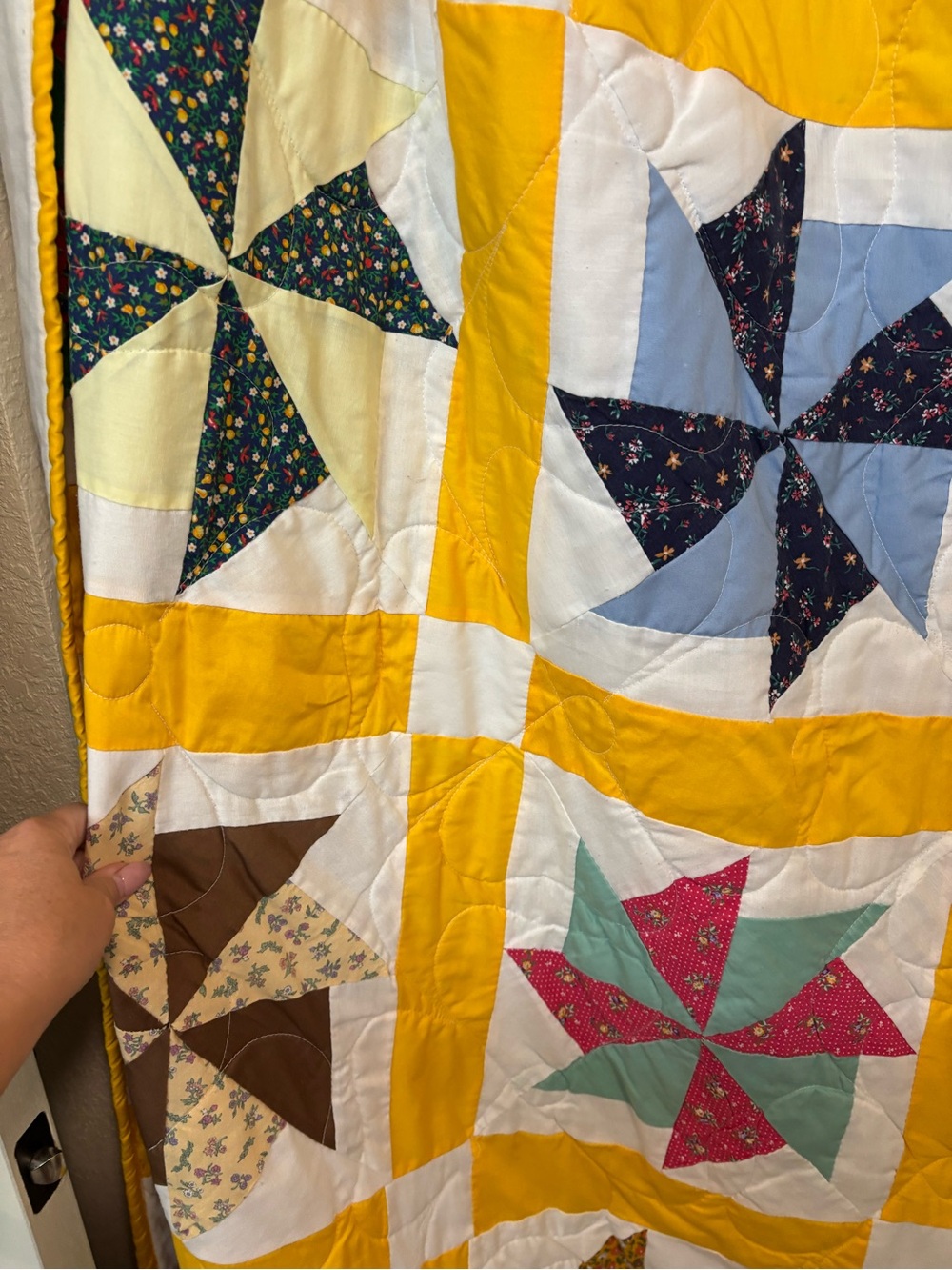 Handmade Yellow Pinwheel Queen Size Quilt- Multi Color